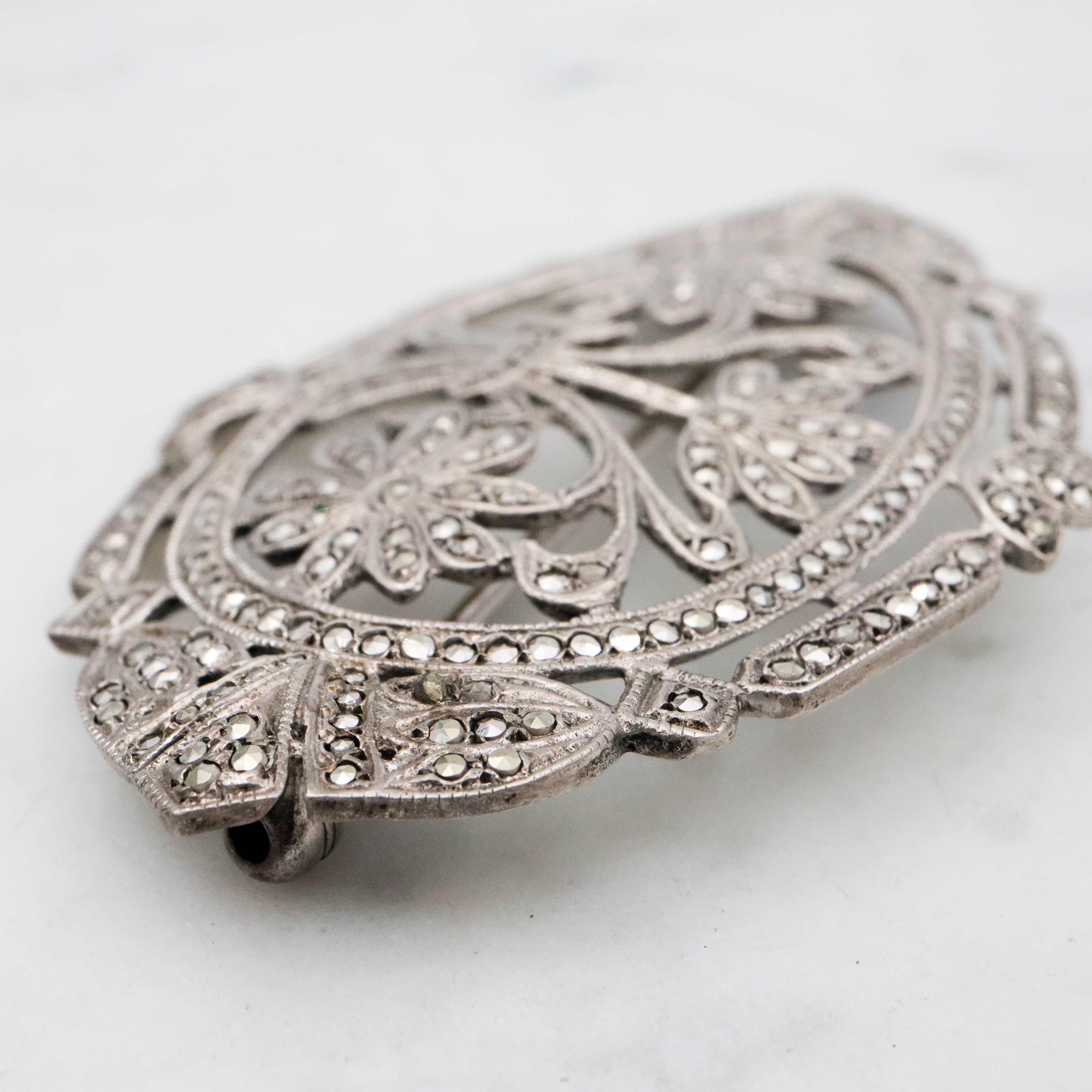 Large Antique Art Deco sterling marcasite floral brooch